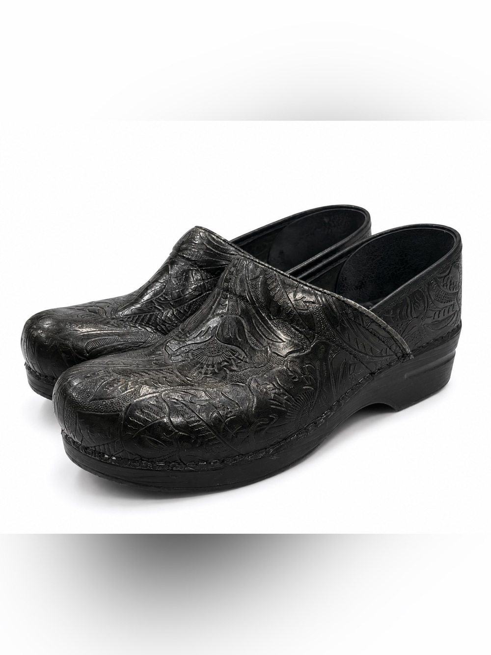 Dansko Embossed Leather Comfort Clogs Black Tooled Floral EU 40 US 9.5